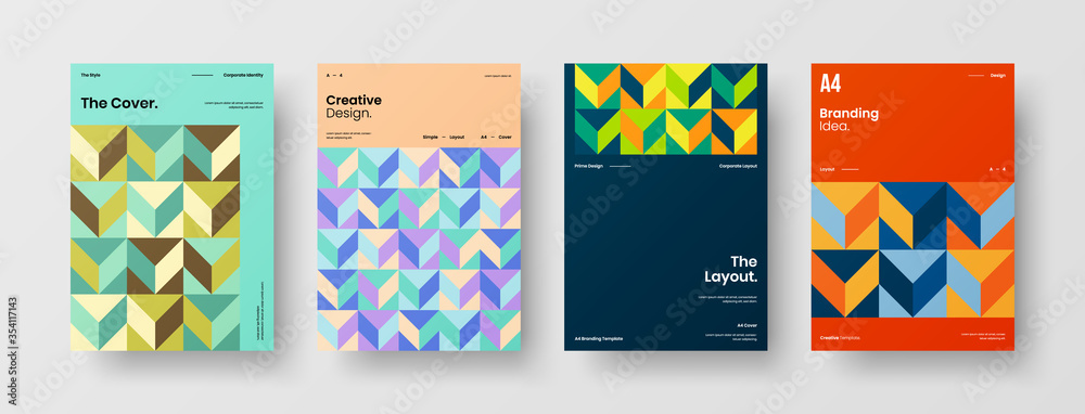 Fototapeta premium Company identity brochure template collection. Business presentation vector A4 vertical orientation front page mock up set. Corporate report cover abstract geometric illustration design layout bundle.