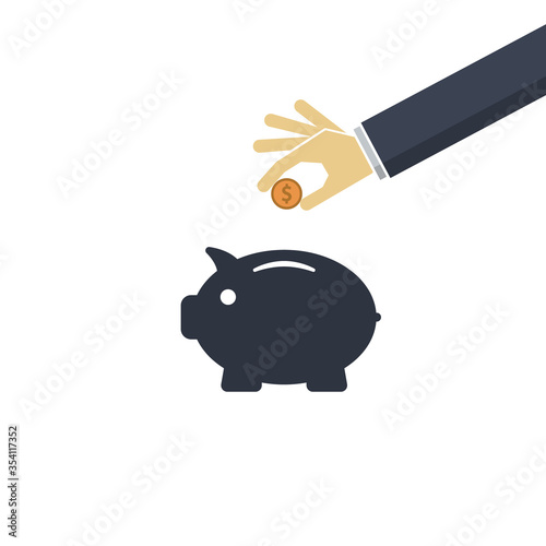 Piggy bank and hand with coin dollar. Vector symbol