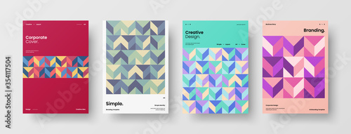 Company identity brochure template collection. Business presentation vector A4 vertical orientation front page mock up set. Corporate report cover abstract geometric illustration design layout bundle.