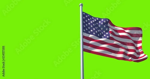 USA flag on flagpole on green background. American Flag in Slow Motion. United States flag waving in wind. Great for History, presentation with texts and corporate projects.