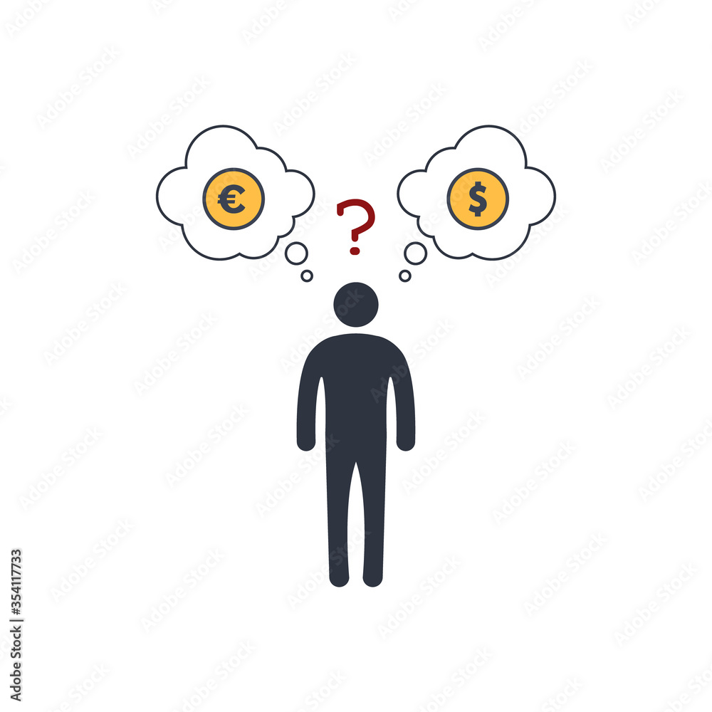 person before a choice. euro or dollar. vector concept symbol person before a choice. euro or dollar. vector concept symbol