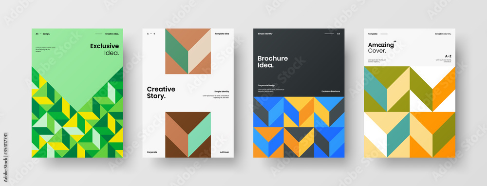 Fototapeta premium Company identity brochure template collection. Business presentation vector A4 vertical orientation front page mock up set. Corporate report cover abstract geometric illustration design layout bundle.