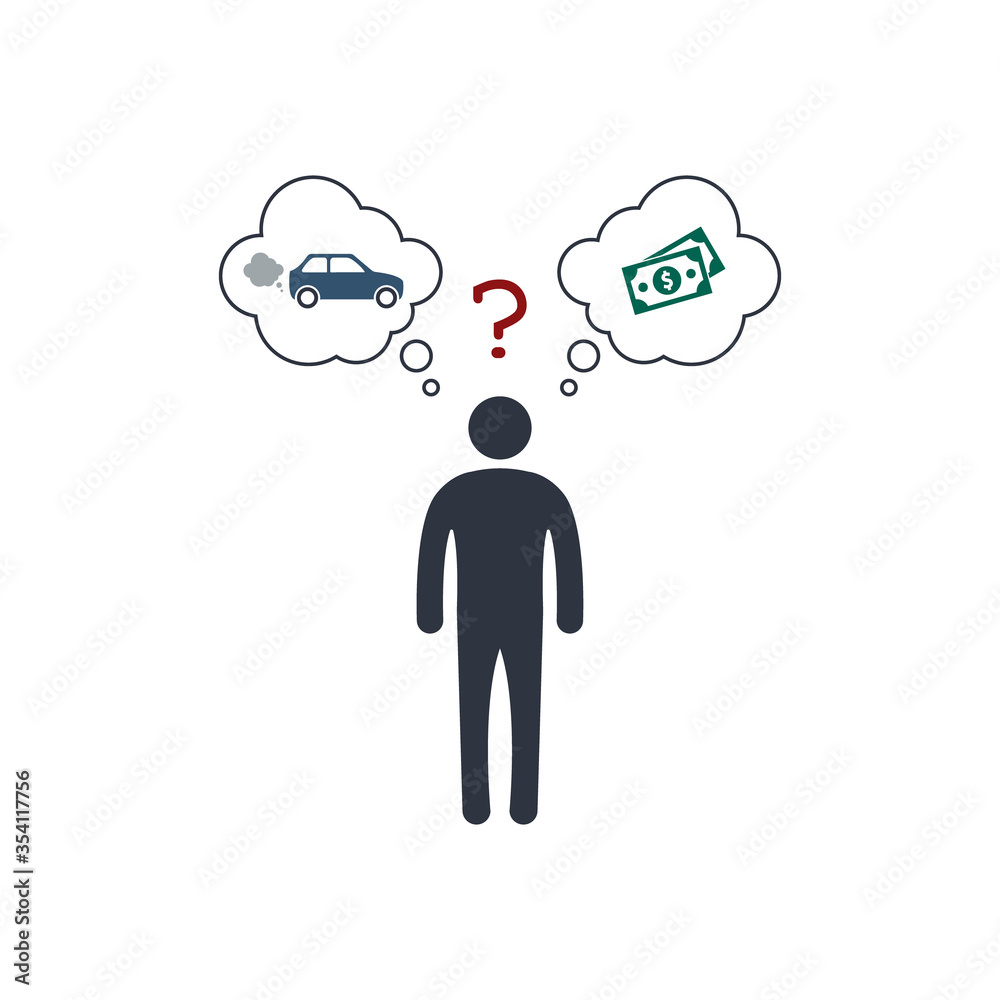 person before a choice. car or money. automobile VS dollar banknote. vector concept symbol person before a choice. car or money. automobile VS dollar banknote. vector concept symbol