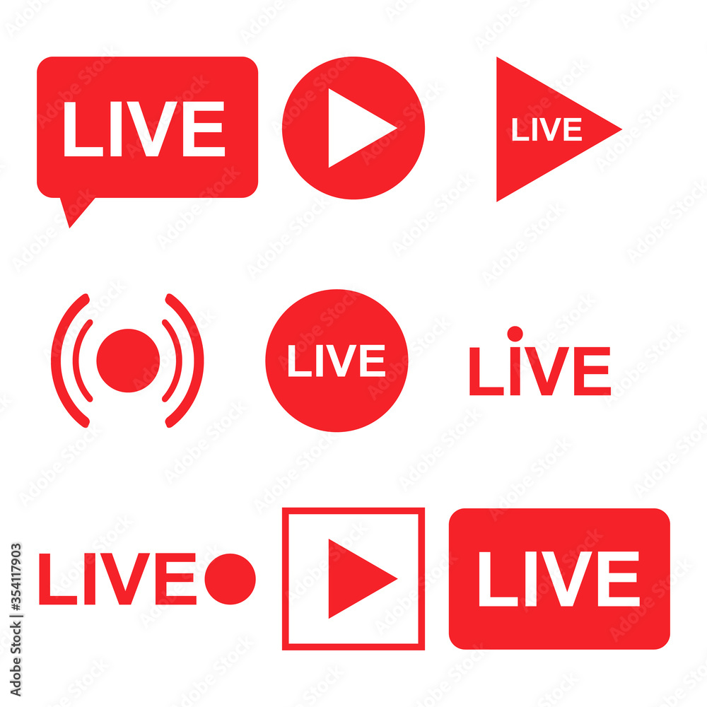 Set of live streaming icons. Red symbols and buttons of live streaming, broadcasting, online stream isolated on white background. Vector illustration. Set of live streaming icons. Red symbols and buttons of live streaming, broadcasting, online stream isolated on white background. Vector illustration.