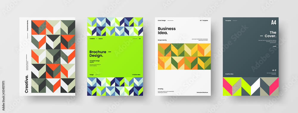 Company identity brochure template collection. Business presentation vector A4 vertical orientation front page mock up set. Corporate report cover abstract geometric illustration design layout bundle.