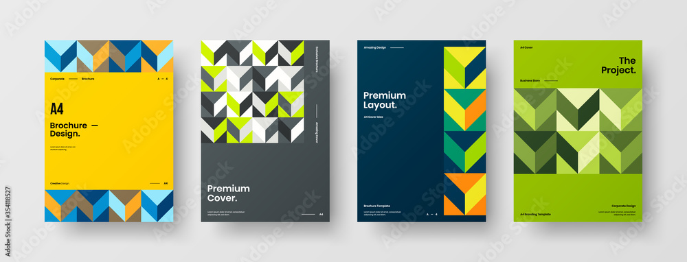 Fototapeta premium Company identity brochure template collection. Business presentation vector A4 vertical orientation front page mock up set. Corporate report cover abstract geometric illustration design layout bundle.