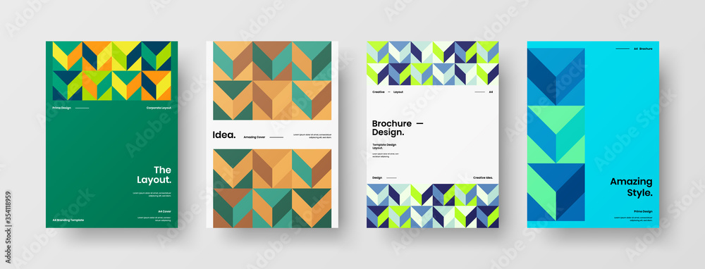 Fototapeta premium Company identity brochure template collection. Business presentation vector A4 vertical orientation front page mock up set. Corporate report cover abstract geometric illustration design layout bundle.