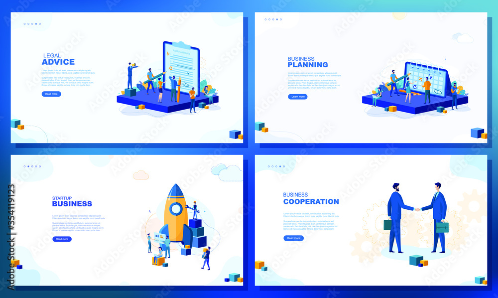 Trendy flat illustration. Set of web page concepts. Legal advice. Business planning. Startup business.  Cooperation. Template for your design works. Vector graphics. 