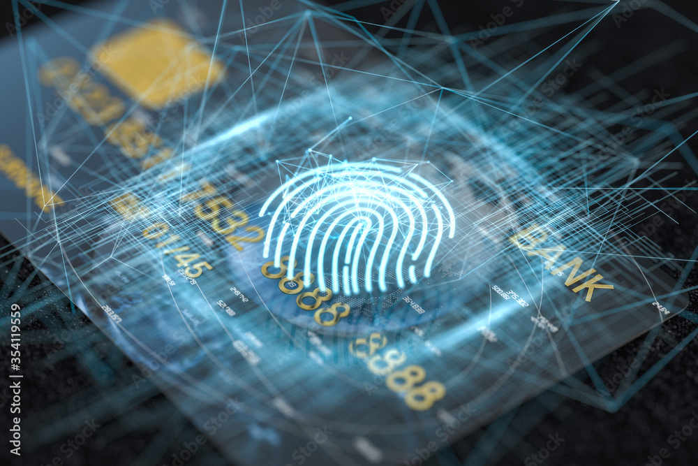Bank card with fingerprint tech concept glowing lines, 3d rendering Bank card with fingerprint tech concept glowing lines, 3d rendering