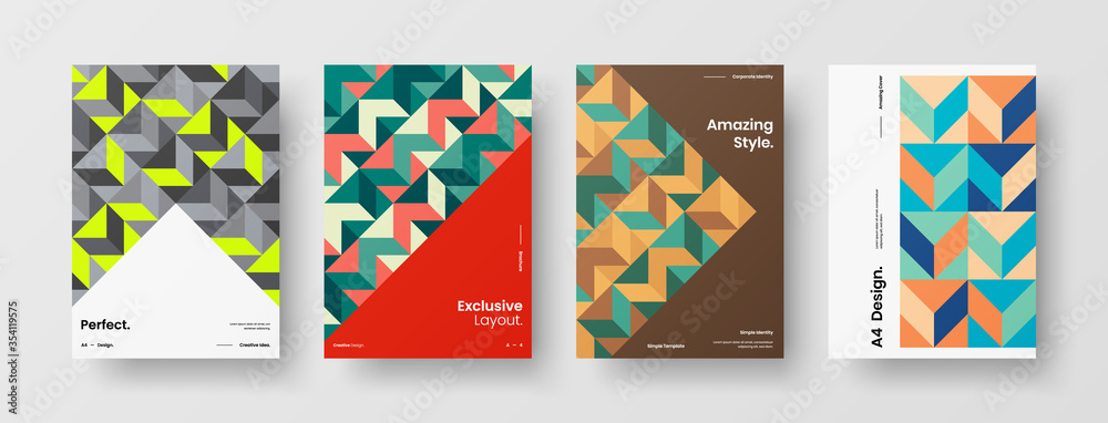 Fototapeta premium Company identity brochure template collection. Business presentation vector A4 vertical orientation front page mock up set. Corporate report cover abstract geometric illustration design layout bundle.