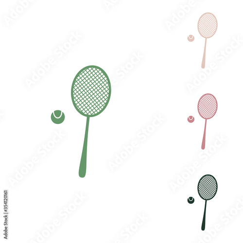 Tennis racquet with ball sign. Russian green icon with small jungle green, puce and desert sand ones on white background. Illustration.