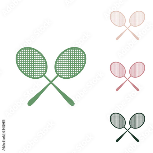 Two tennis racket sign. Russian green icon with small jungle green, puce and desert sand ones on white background. Illustration.