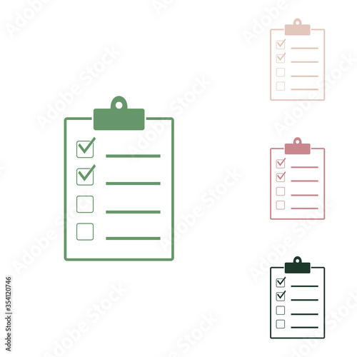 Checklist sign illustration. Russian green icon with small jungle green, puce and desert sand ones on white background. Illustration.