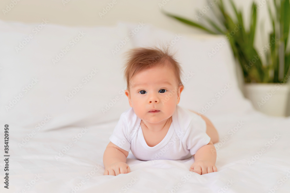 Newborn baby boy resting in bed. Children's room. Family morning at home. Infant lies on his stomach in bed. Newborn baby boy resting in bed. Children's room. Family morning at home. Infant lies on his stomach in bed.