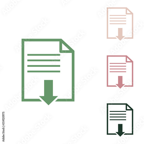 File download sign. Russian green icon with small jungle green, puce and desert sand ones on white background. Illustration.