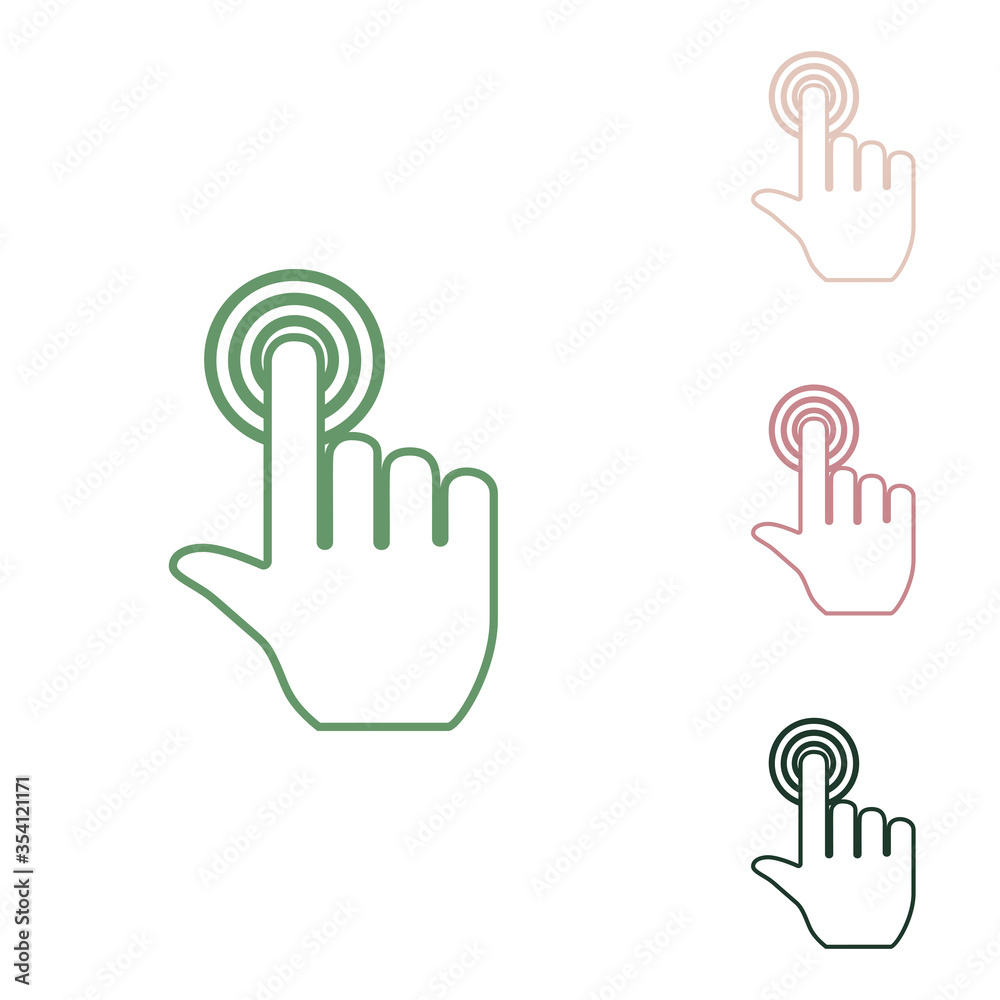 Hand click on button. Russian green icon with small jungle green, puce and desert sand ones on white background. Illustration. Hand click on button. Russian green icon with small jungle green, puce and desert sand ones on white background. Illustration.