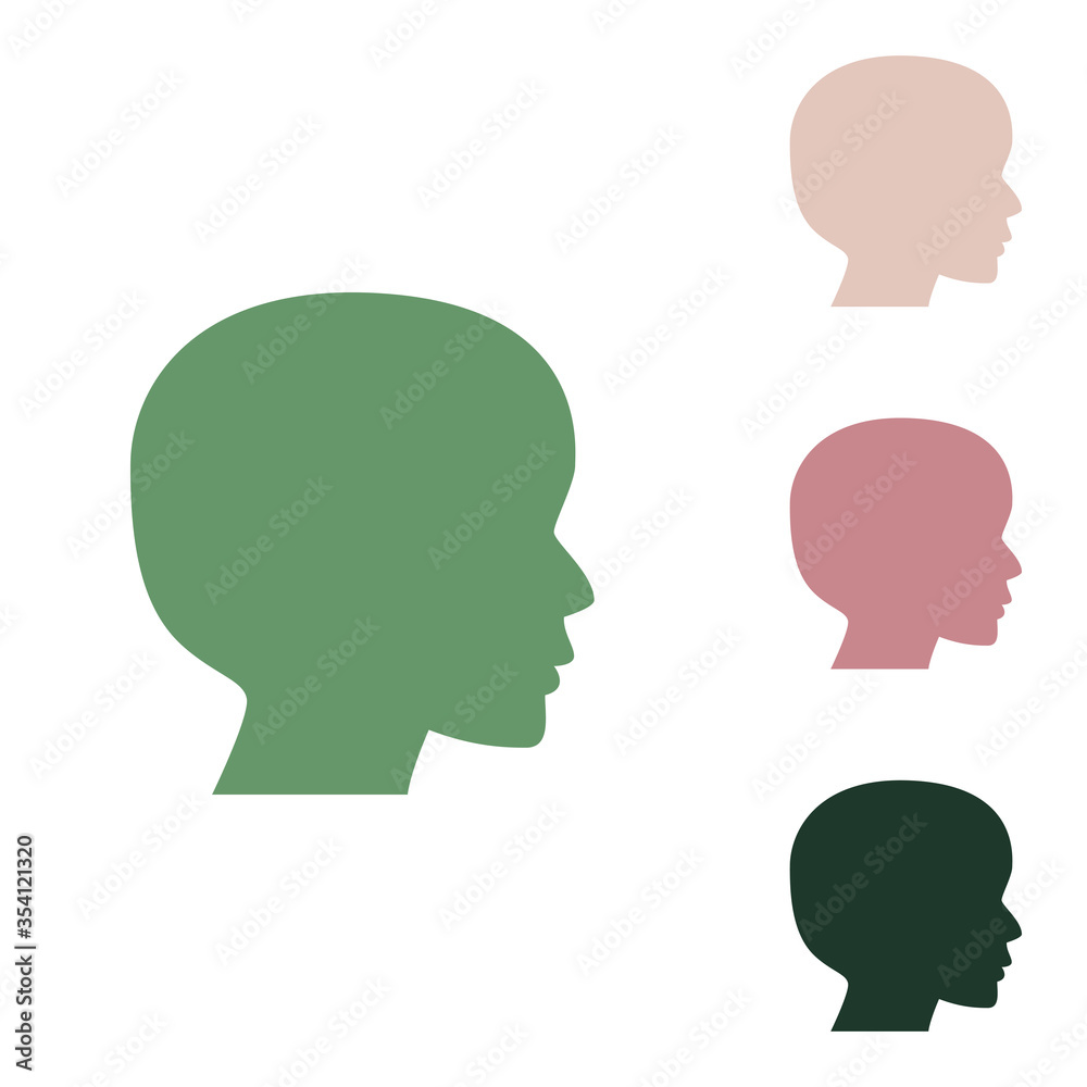 People head sign. Russian green icon with small jungle green, puce and desert sand ones on white background. Illustration.