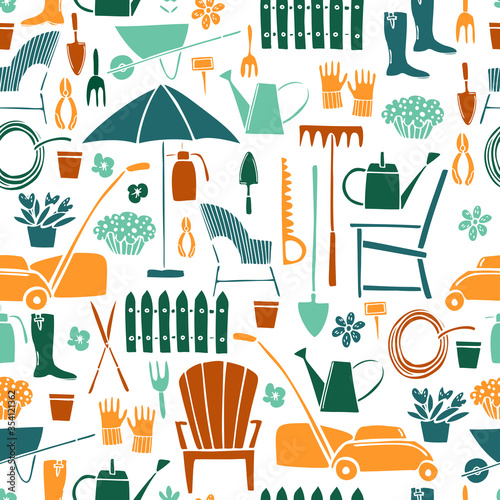 Hand drawn garden tools and  furniture. Vector seamless pattern