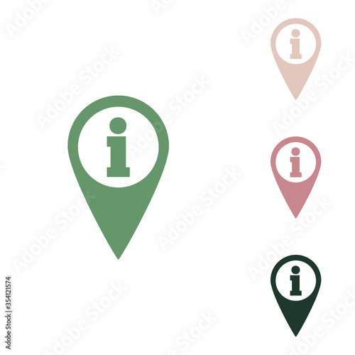 Map pointer with information sign. Russian green icon with small jungle green, puce and desert sand ones on white background. Illustration.