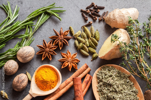 Antivirus health food immune boosting properties with rosemary, thyme, nutmeg, sage, clove spice, ginger, cinnamon sticks, turmeric, star anise, cardamom herbs. Immune defense healthy products concept photo
