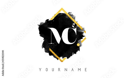 MC M C Letters Logo Design with Black ink Stroke over Golden Square Frame Vector.
