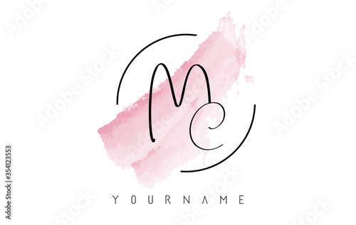 Handwritten MC M C Letters Logo with Pink Pastel Watercolor Brush Stroke Concept.