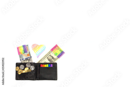 paint in the color of the LGBT on the money dollar, heart, on a white background