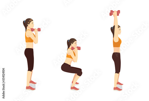 Sport Women doing Fitness with Dumbbell Squat and Overhead Press Exercise in 3 steps. Diagram of How to easy Fitness training target to Arms muscles. side view.