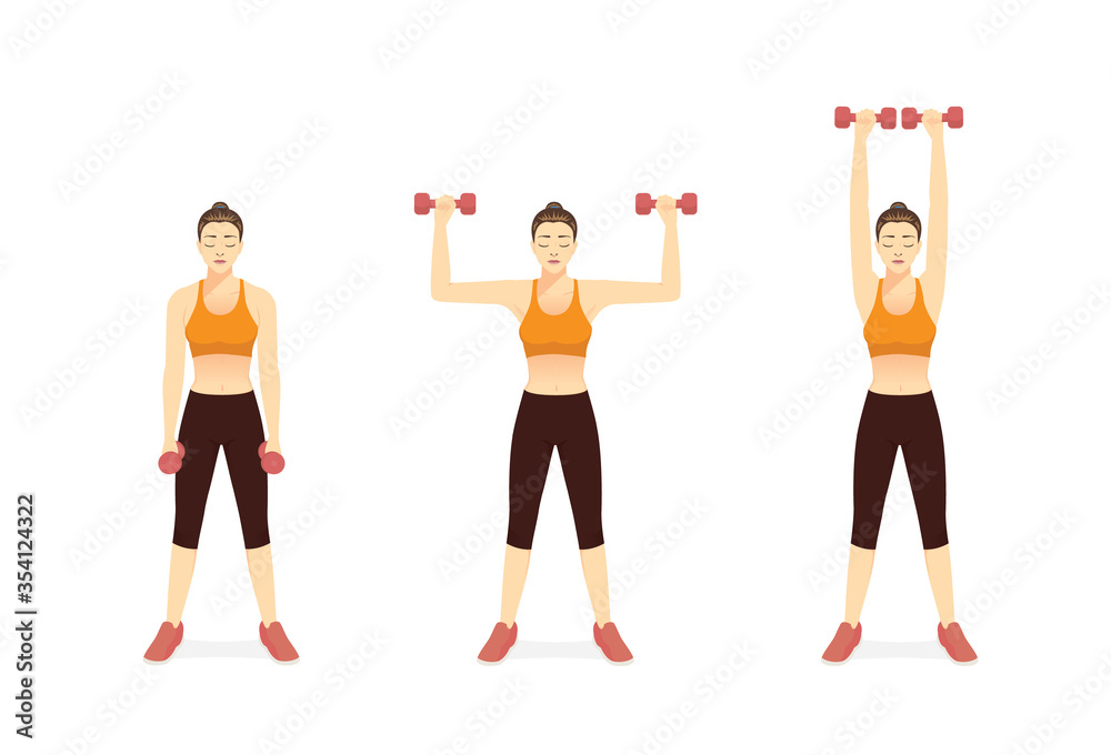 Vetor de Sport Women doing Fitness with Dumbbell Biceps Curl to Shoulder  Press Exercise in 3 steps. Illustration about easy Fitness with workout  equipment of gym. do Stock