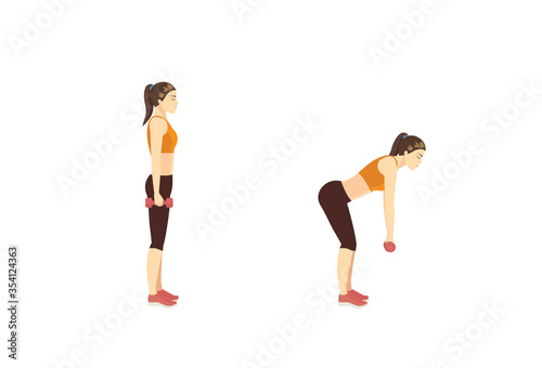 Women doing dumbbell deadlift workout in 2 steps to target lower body resistance training. Illustration about easy Fitness during stay at home.