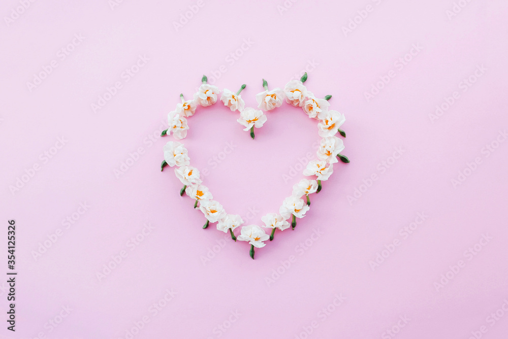 Floral frame heart made of fresh daffodil flowers on pink background.