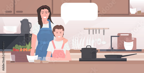 mother with daughter preparing food family spending time together concept modern kitchen interior horizontal portrait vector illustration