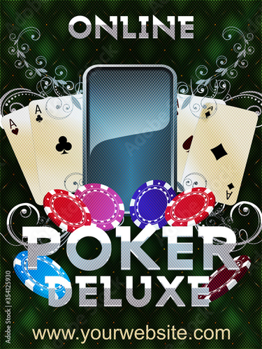 Online mobile casino app. Poker gambling app. Casino vector EPS 10 game flyer, banner or poster with cards, poker chips, ornament, mobile device on the green luxury background with light effects.