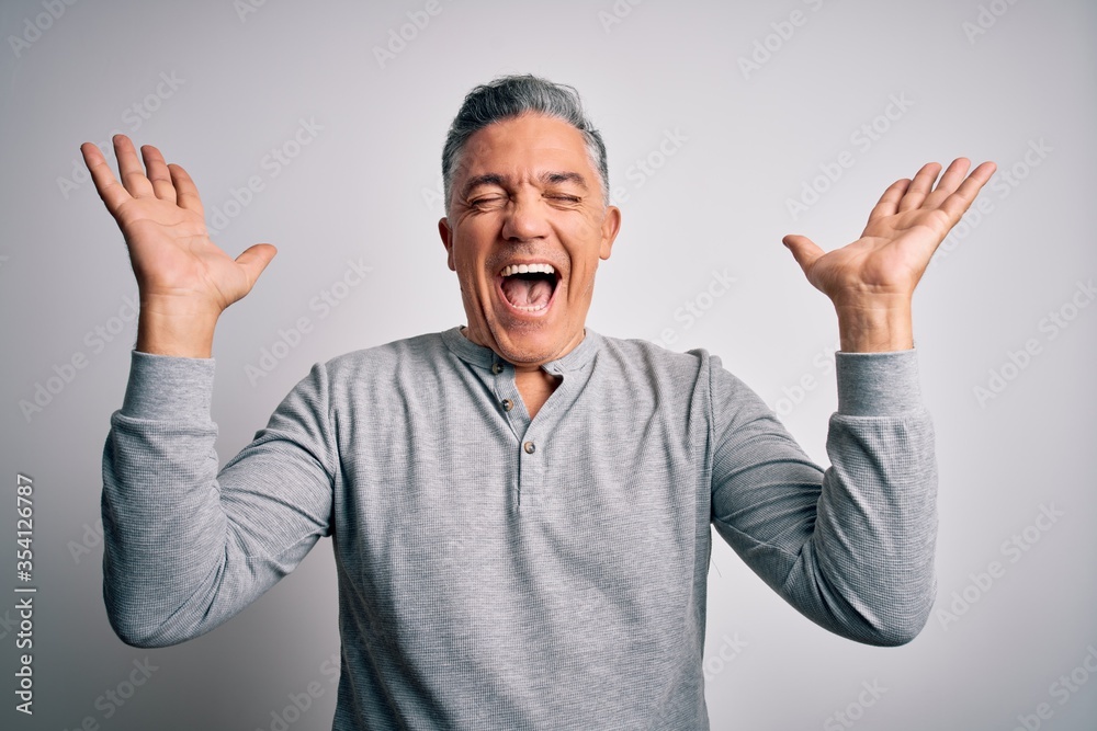 Middle age handsome grey-haired man wearing casual t-shirt over white background celebrating mad and crazy for success with arms raised and closed eyes screaming excited. Winner concept Middle age handsome grey-haired man wearing casual t-shirt over white background celebrating mad and crazy for success with arms raised and closed eyes screaming excited. Winner concept
