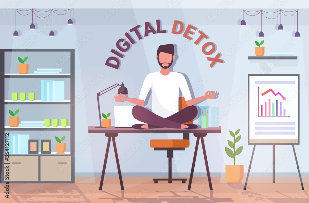 businessman sitting lotus pose on workplace table digital detox concept business man abandoning internet and social networks office interior horizontal full length vector illustration businessman sitting lotus pose on workplace table digital detox concept business man abandoning internet and social networks office interior horizontal full length vector illustration