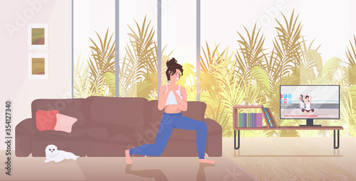 woman doing fitness exercises during tv show healthy lifestyle concept modern living room interior flat full length horizontal vector illustration