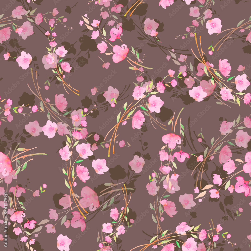 Pink cherry flowers, sakura, seamless watercolor pattern.