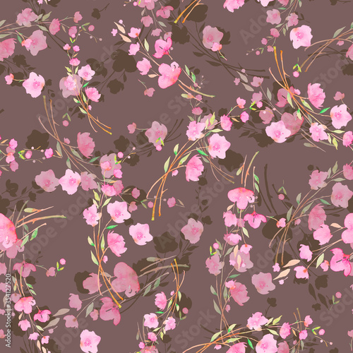 Pink cherry flowers  sakura  seamless watercolor pattern.