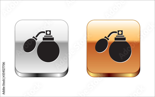 Black Aftershave bottle with atomizer icon isolated on white background. Cologne spray icon. Male perfume bottle. Silver-gold square button. Vector Illustration.