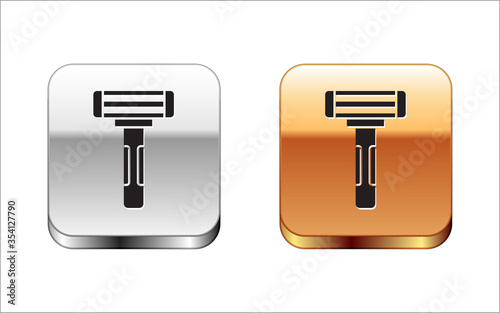 Black Shaving razor icon isolated on white background. Silver-gold square button. Vector Illustration.