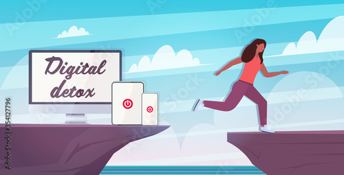 woman jumping over cliff abyss running away from gadgets digital detox concept girl escaping from digital addiction abandoning internet and social networks horiontal vector illustration