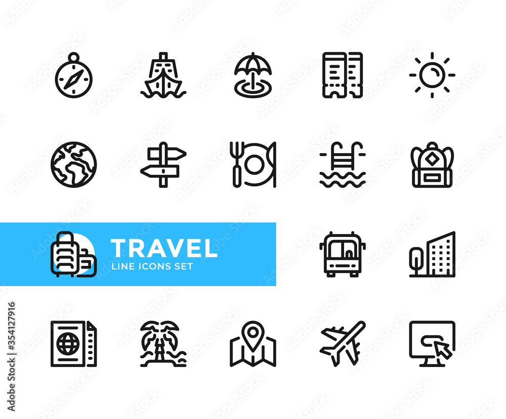 Travel vector line icons. Simple set of outline symbols, graphic design elements. Line icons set. Pixel Perfect