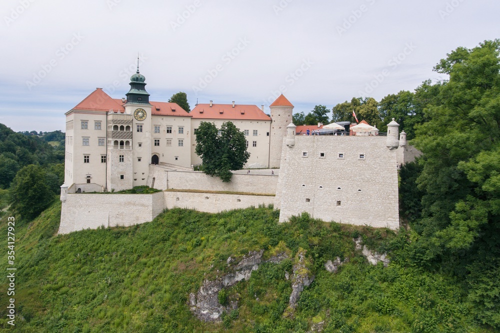 Aerial drone view of Pieskowa Skala Castle, Ojcow, Poland