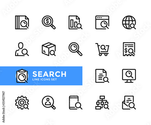 Search vector line icons. Simple set of outline symbols, graphic design elements. Line icons set. Pixel Perfect