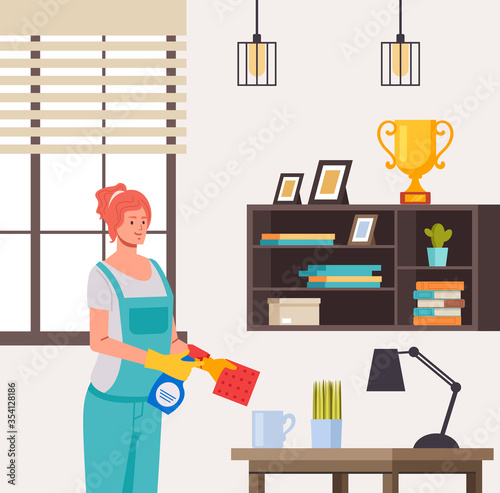 Woman worker cleaning room office concept. Vector flat graphic design illustration