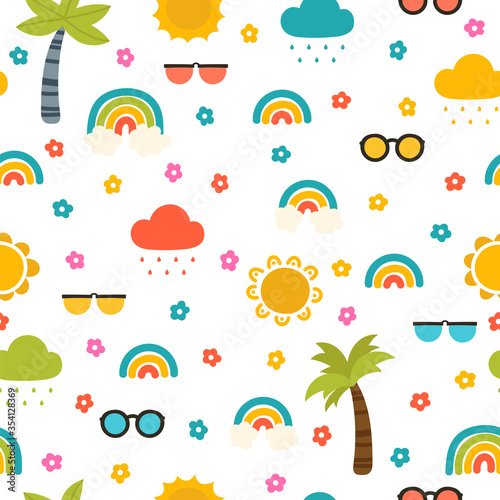 Colorful summer seamless pattern with hand drawn elements. Sun, palm tree, rainbow. Fashion print design great for fabric, wrapping, textile