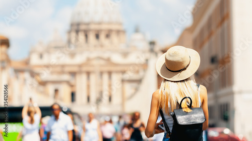 Canvas Print Europe summer travel vacation tourism photo - young blonde caucasian girl walkin