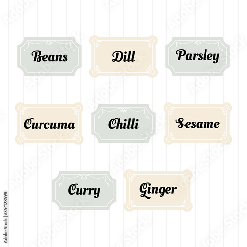 Food storage labels. Kitchen food tags collection for kitchen containers or jars. Curry, curcuma, dill, chilli