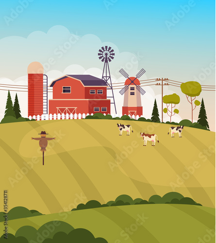Fototapeta Naklejka Na Ścianę i Meble -  Farmland agriculture meadow concept. Vector flat graphic design illustration