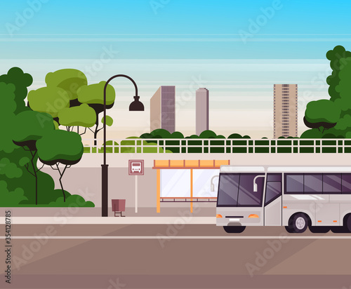 City town street bus station. Vector flat graphic design illustration